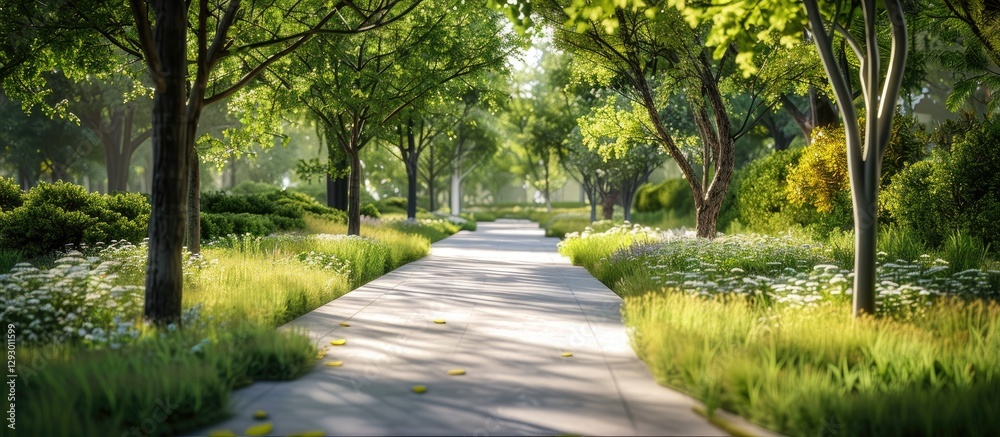 Poster Serene summer pathway winding through lush greenery and vibrant trees under soft sunlight creating a peaceful urban forest atmosphere