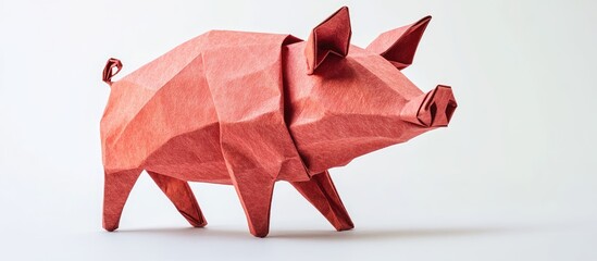 Origami pig figure crafted from red paper positioned on a clean white background showcasing triangular facets and an artistic design for Year of the Pig