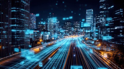 Fototapeta premium City highway, digital data flow, night, futuristic technology, website banner