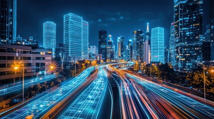 Fototapeta premium Night cityscape, highway traffic, digital overlay, urban development