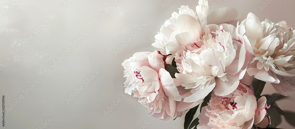 Aufkleber Peonies in soft pink and white hues arranged gracefully on the right side with a pale background featuring ample copy space on the left.