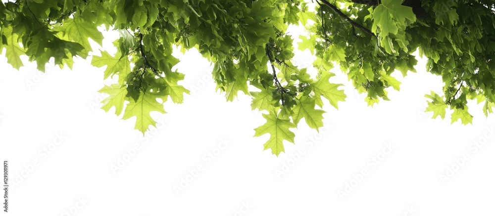 Poster green leafy branches cascading down from the top against a stark white background creating a vibrant