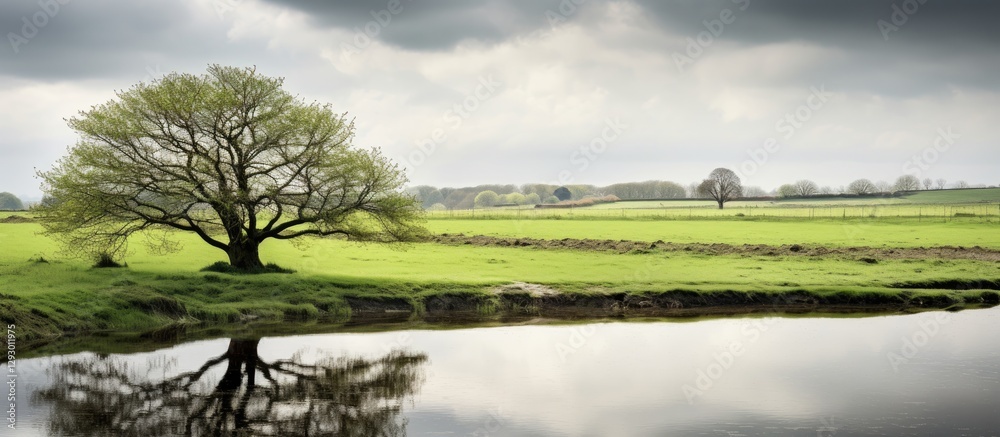 Poster tranquil spring landscape featuring a large tree by a mirror-smooth river reflecting cloudy gray ski