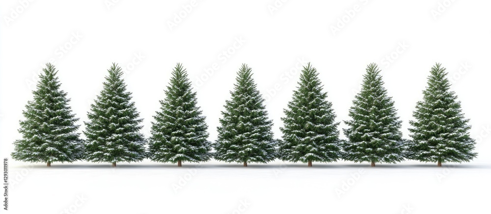 Poster row of lush green christmas pine trees with snowy tips evenly spaced on a pristine white background 