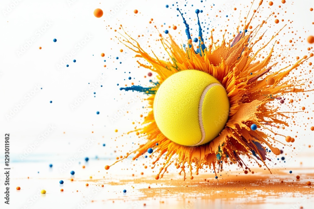 Poster vibrant tennis ball exploding with colorful splashes on a white background.