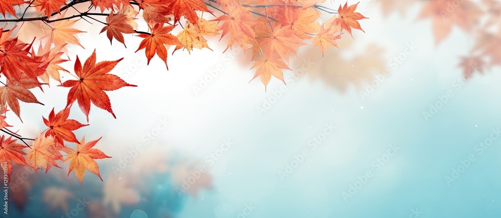 Leinwandbilder Vibrant red and orange maple leaves cascading from the left side against a soft blue and white blurred background in a serene autumn setting