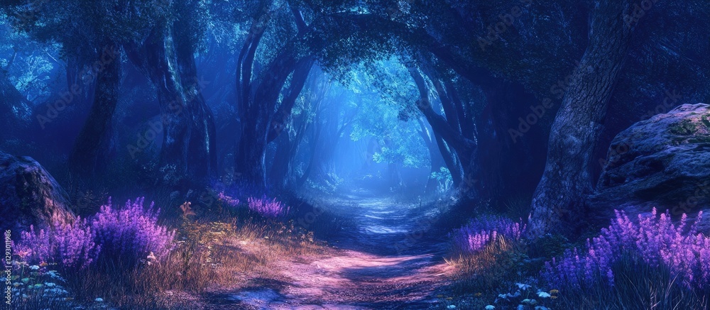 Poster enchanting ancient forest path illuminated by mystical blue hues with lush purple foliage on the sid