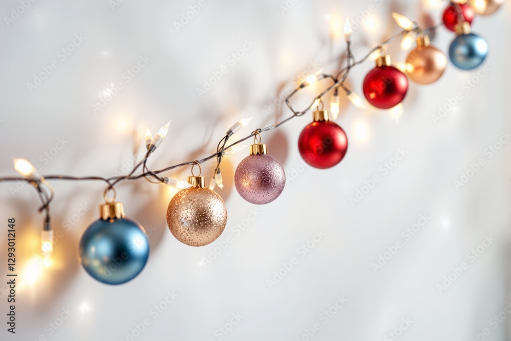 Poster christmas ornaments on string lights with light background.