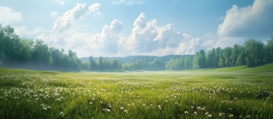 Fototapeta premium Vibrant sunny meadow landscape with lush green grass, wildflowers, soft white clouds, and distant trees under a blue sky, showcasing nature's beauty.