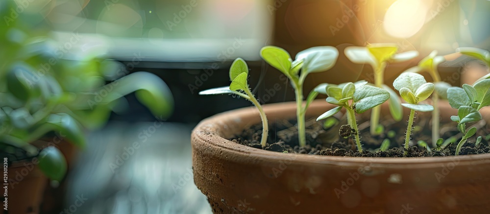 Poster green seedlings emerging from a brown terracotta pot on a wooden surface with a blurred background f