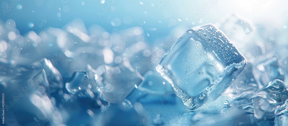 Fototapete Transparent ice block on light blue background surrounded by smaller ice pieces creating ideal copy space with sparkling highlights.