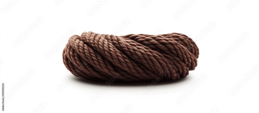 Poster brown natural fiber yarn twisted into a circular coil positioned center on a clean white background 