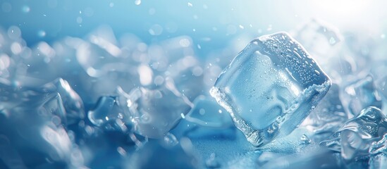 Transparent ice block on light blue background surrounded by smaller ice pieces creating ideal copy space with sparkling highlights.