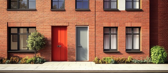 Modernized red clinker facade featuring a vibrant red door, grey door, and dark windows, with lush greenery along the sidewalk.