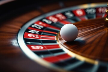 Obraz premium Close-up of roulette wheel with white ball on wooden surface, vibrant light background.