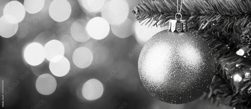 Leinwandbilder silver christmas ornament hanging on a fir tree branch with blurred golden lights in the background 