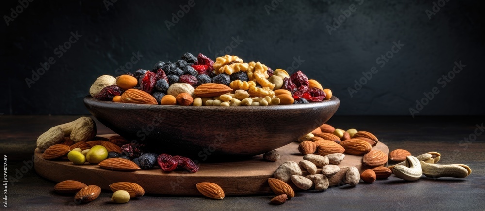 Poster diverse assortment of healthy nuts in a dark wooden bowl placed on a wooden board with rich textures
