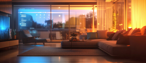 Modern living room with sleek furniture, large TV, and ambient lighting