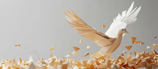 Obraz premium Elegant paper cut dove in flight with golden accents and soft beige tones on a smooth gray background, symbolizing victory and achievement