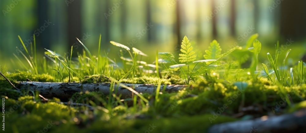 Poster Macro shot of lush green grass and delicate ferns illuminated by soft sunlight in a tranquil forest setting with blurred trees in the background