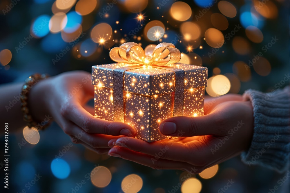 Poster glowing gift box exchanged between hands with sparkling lights in festive ambiance.