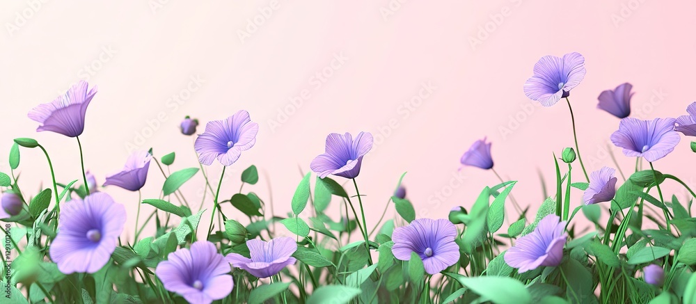 Poster purple wild violets in full bloom with green leaves on a soft pink gradient background showcasing a 