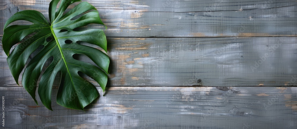 Fototapete monstera leaf positioned on the left side of a textured gray wooden wall showcasing a natural design
