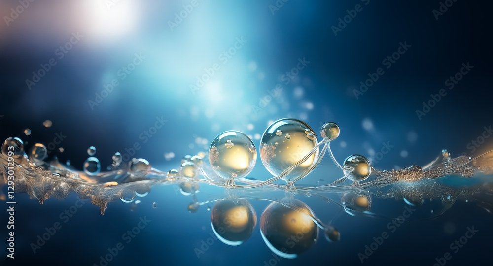 Leinwandbilder clear spheres on a reflective surface, illuminated by a bright light against a blue backdrop. liquid