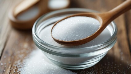 White sugar in a glass bowl with a wooden spoon on a rustic wooden table