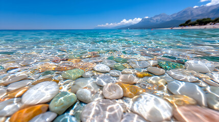 Crystal-clear sea, pebble beach, mountain backdrop; summer holiday postcard