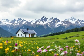 Obraz premium White house with solar panels in a meadow with mountains in the background.