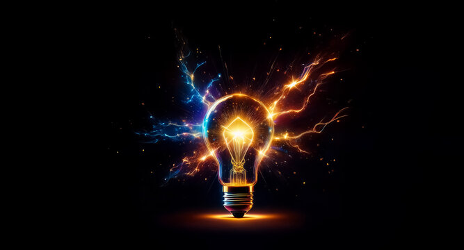 Glowing light bulb radiates vibrant orange and blue energy against a dark backdrop, symbolizing bright ideas and innovation. Powerful sparks emanate from the bulb.
