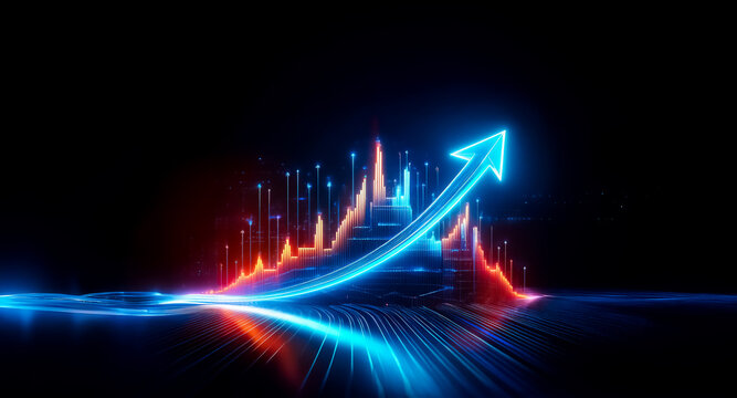 A glowing blue arrow points upwards, symbolizing growth and progress, amidst vibrant red and blue light trails against a dark backdrop, representing data and movement.