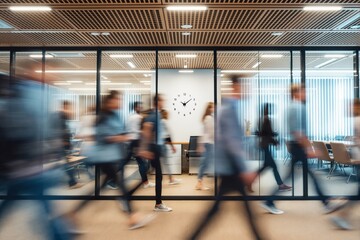 Blurred motion of office workers walking past glass-walled meeting room.