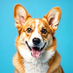 A corgi dog with brown and white fur, pointy ears, and a happy expression, set against a solid light blue background