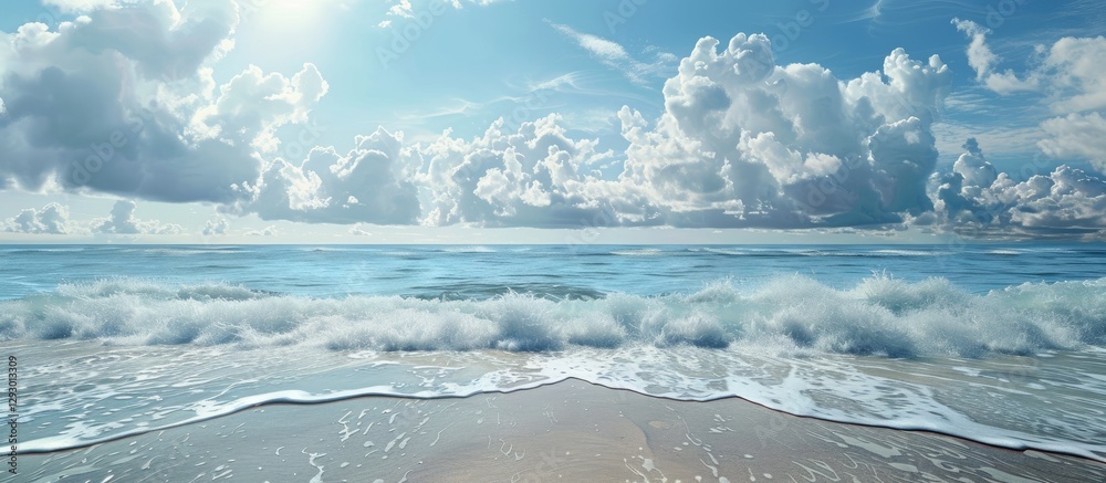Poster Tranquil beach scene with rolling waves lapping at the shore under a bright blue sky with fluffy white clouds creating serene copy space.