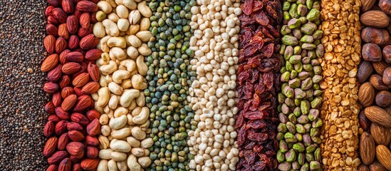 Colorful assortment of various nuts and seeds arranged in stripes, including almonds, pistachios, and lentils on a textured brown background.