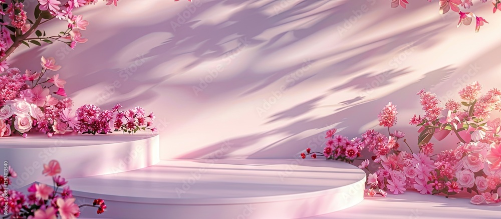 Poster elegant circular podiums decorated with vibrant pink flowers on a soft pink background, soft shadows
