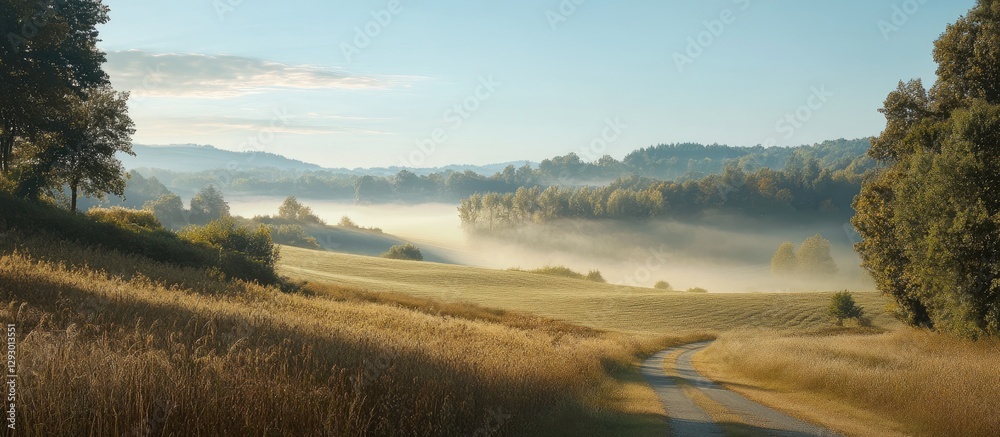 Poster serene misty landscape view capturing rolling hills and gentle fog in the valley during midday with 