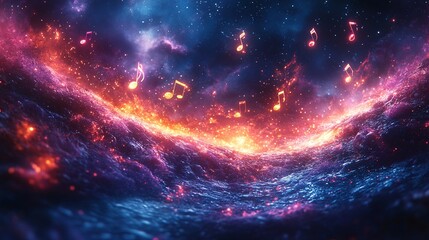 Cosmic symphony music notes in a galaxy celestial space digital art vibrant colors abstract view
