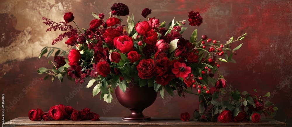 Poster luxurious deep red floral arrangement with rich greenery in a dark vase set against a warm textured 