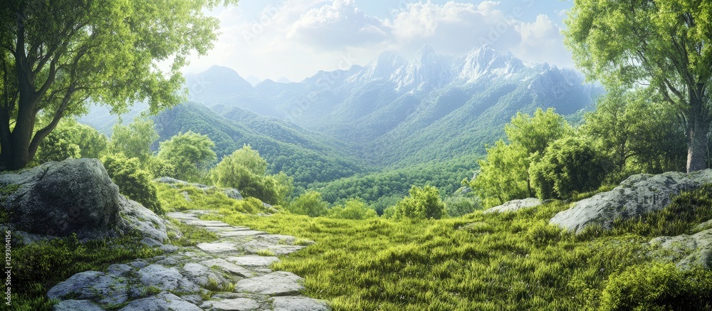 Poster scenic mountain path winding through lush green hills under a bright sky with soft clouds, surrounde