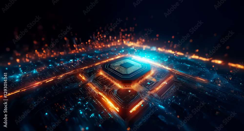 Aufkleber futuristic circuit board design with glowing orange and blue lines emanating from a central chip, sh