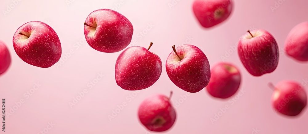 Aufkleber Falling red apples in a scattered arrangement against a soft pink background showcasing their glossy texture and vibrant color isolation.