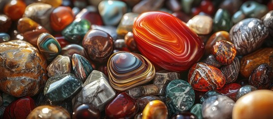 Close-up of various multicolored natural stones with a prominent red agate bead in the center surrounded by earth tones and swirls of texture.