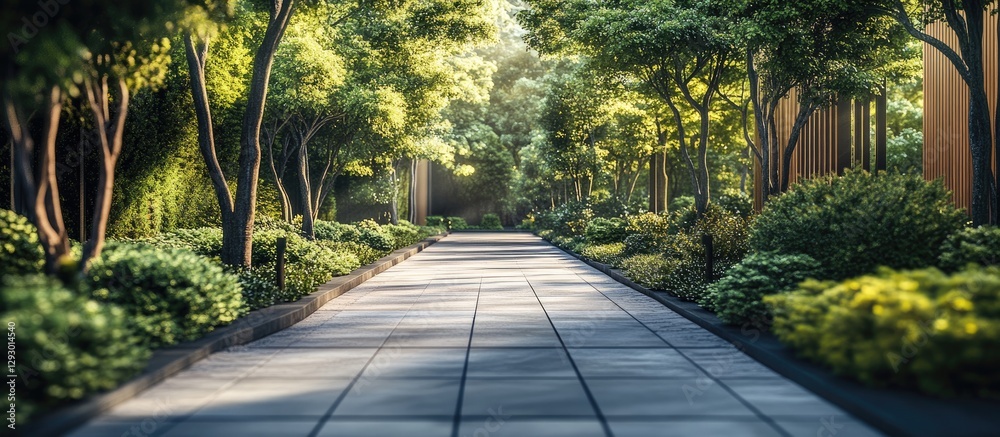 Poster urban forest walkway featuring a paved path lined with lush greenery and trees bathed in soft sunlig
