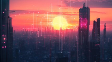 Futuristic city sunset, data streams, digital sunrise, urban landscape, tech concept