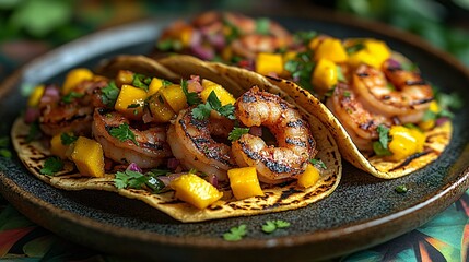 Fototapeta premium Grilled shrimp tacos with mango salsa coastal restaurant food photography vibrant atmosphere