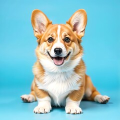 A corgi dog with brown and white fur, pointy ears, and a happy expression, set against a solid light blue background