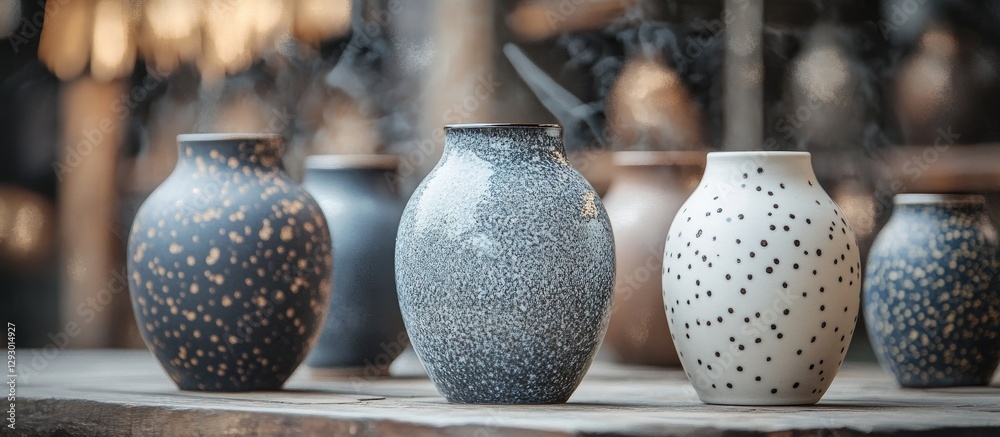 Poster artisan ceramic vases in varying shades of gray and white with speckled patterns arranged on a rusti